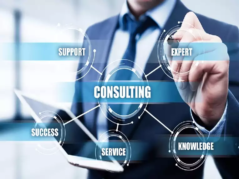 Picture of a business man pointing to a screen with a spoke saying consulting, support, expert, knowledge, service, success